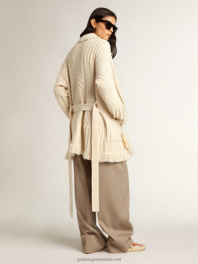Belted cardigan in papyrus-colored cotton FN20N959 Women Golden Goose