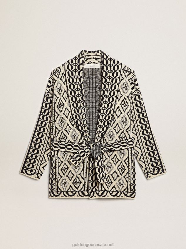 Cardigan in papyrus-colored wool with jacquard motif and crystals FN20N946 Women Golden Goose