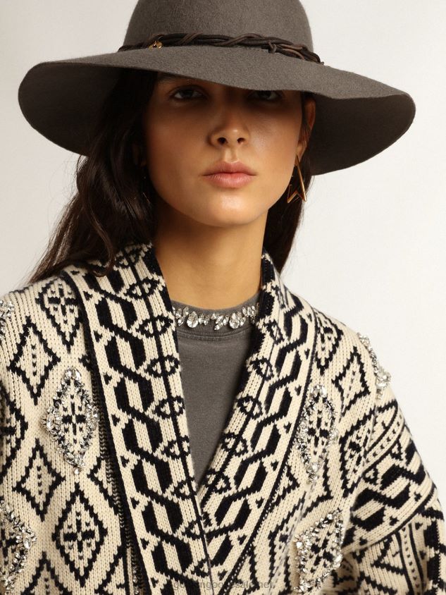 Cardigan in papyrus-colored wool with jacquard motif and crystals FN20N946 Women Golden Goose