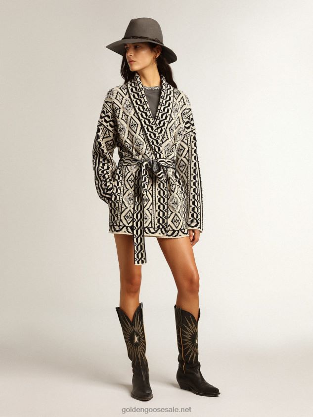 Cardigan in papyrus-colored wool with jacquard motif and crystals FN20N946 Women Golden Goose