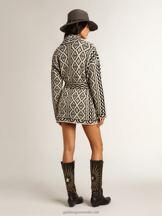 Cardigan in papyrus-colored wool with jacquard motif and crystals FN20N946 Women Golden Goose
