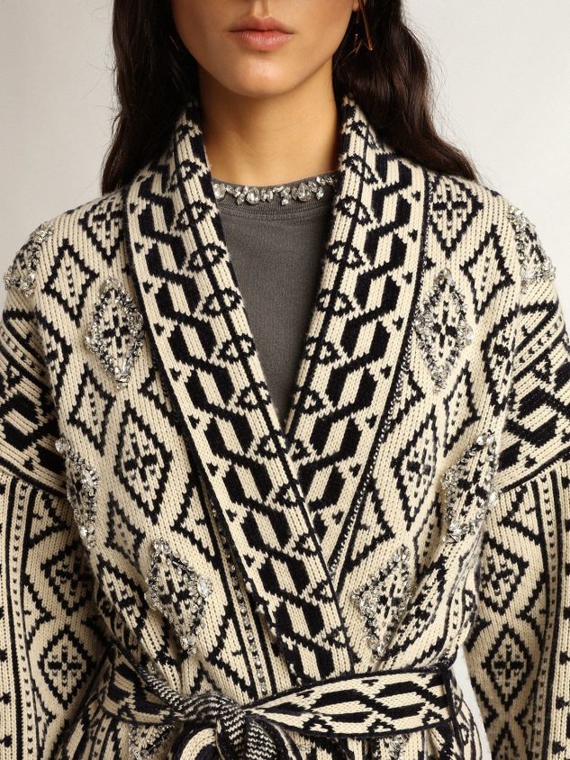 Cardigan in papyrus-colored wool with jacquard motif and crystals FN20N946 Women Golden Goose