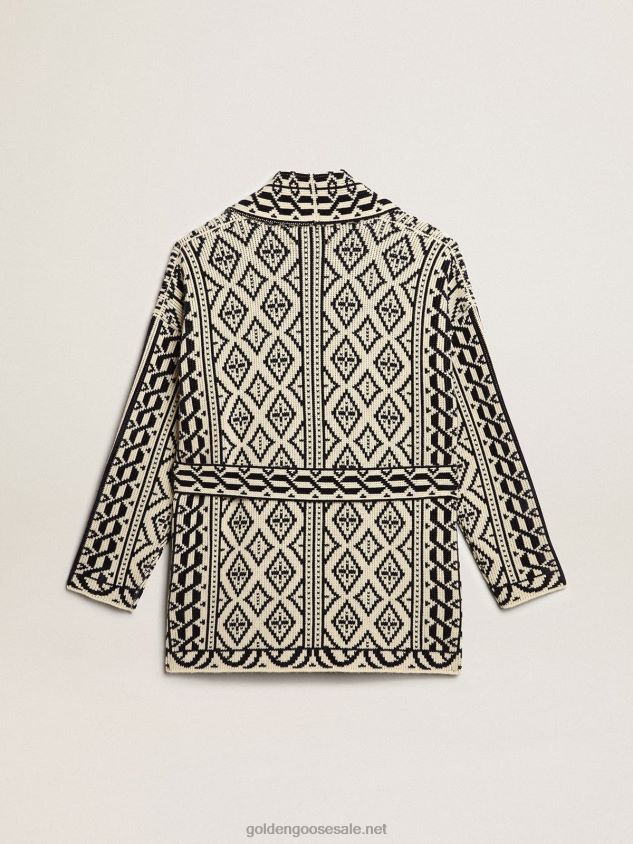 Cardigan in papyrus-colored wool with jacquard motif and crystals FN20N946 Women Golden Goose