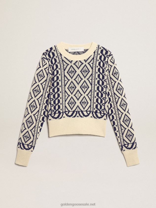 Cropped round-neck sweater with parchment and blue geometric pattern FN20N962 Women Golden Goose