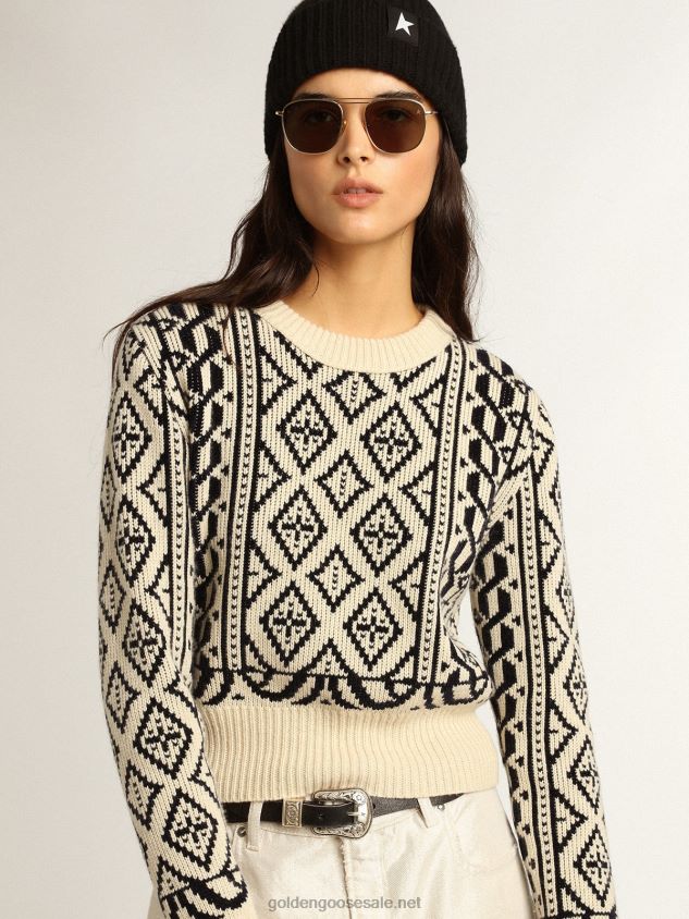 Cropped round-neck sweater with parchment and blue geometric pattern FN20N962 Women Golden Goose