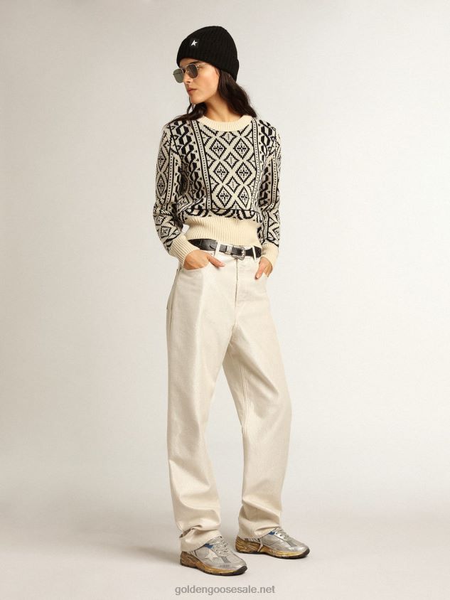 Cropped round-neck sweater with parchment and blue geometric pattern FN20N962 Women Golden Goose