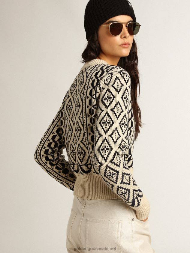 Cropped round-neck sweater with parchment and blue geometric pattern FN20N962 Women Golden Goose