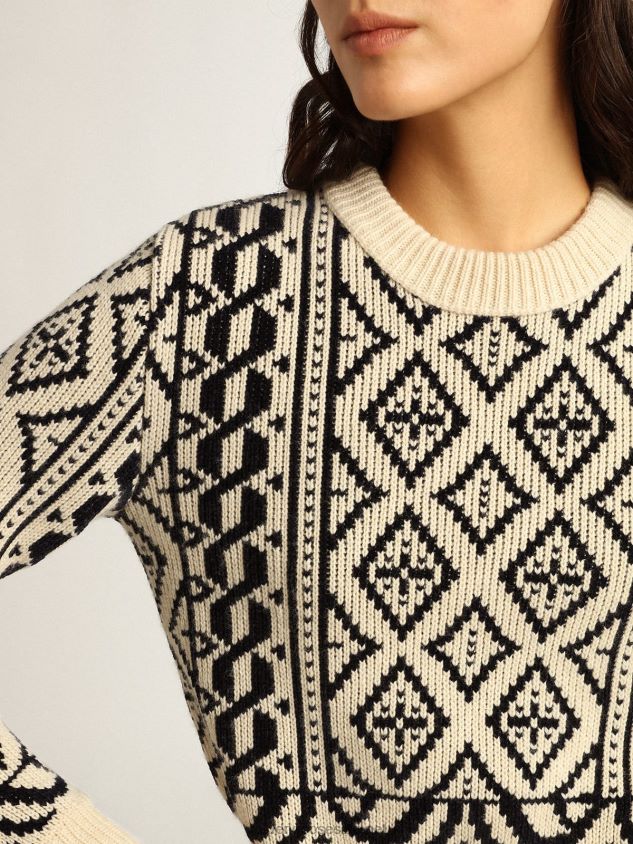 Cropped round-neck sweater with parchment and blue geometric pattern FN20N962 Women Golden Goose