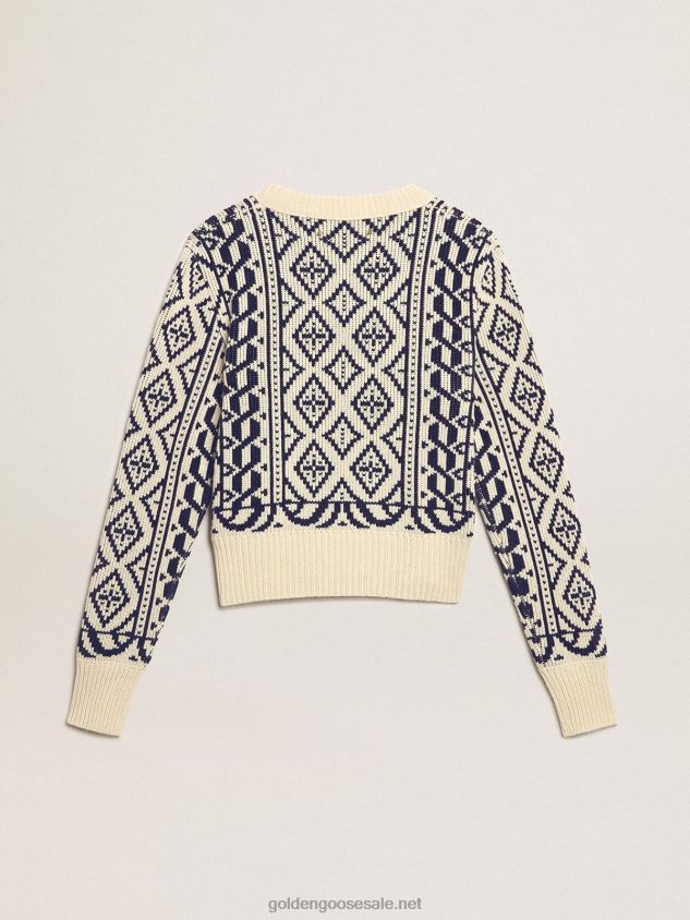 Cropped round-neck sweater with parchment and blue geometric pattern FN20N962 Women Golden Goose