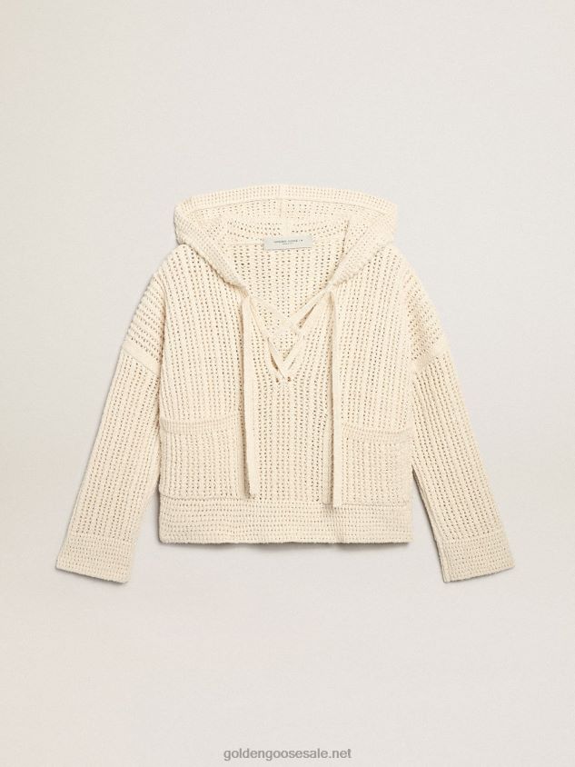 Hooded top in papyrus-colored cotton FN20N1046 Women Golden Goose