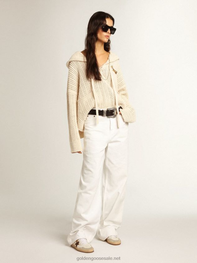 Hooded top in papyrus-colored cotton FN20N1046 Women Golden Goose