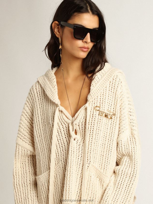 Hooded top in papyrus-colored cotton FN20N1046 Women Golden Goose