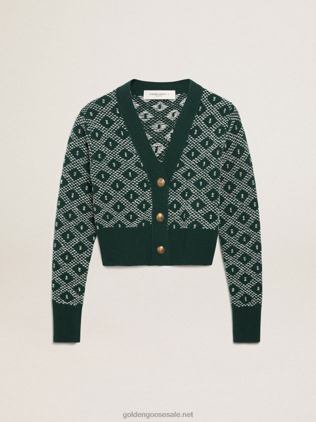 Journey Collection cropped cardigan with green and white jacquard diamond pattern FN20N997 Women Golden Goose