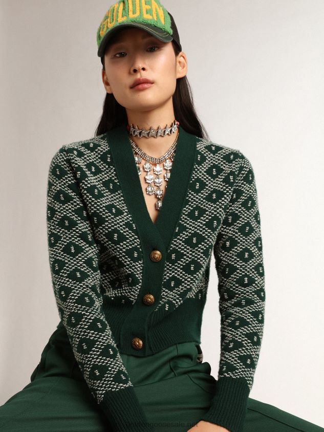 Journey Collection cropped cardigan with green and white jacquard diamond pattern FN20N997 Women Golden Goose