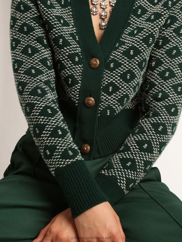 Journey Collection cropped cardigan with green and white jacquard diamond pattern FN20N997 Women Golden Goose