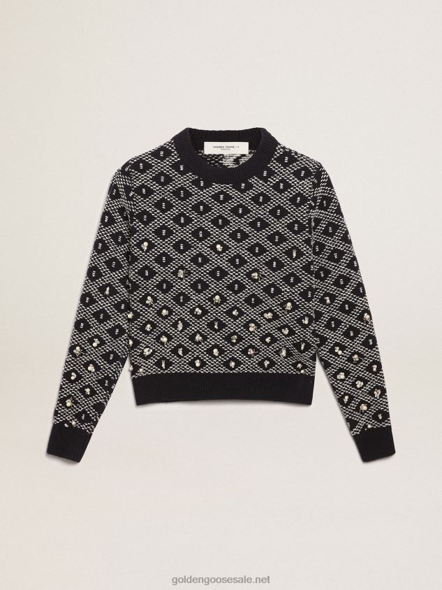 Journey Collection round-neck sweater with a blue and white geometric pattern and the addition of beads FN20N1001 Women Golden Goose