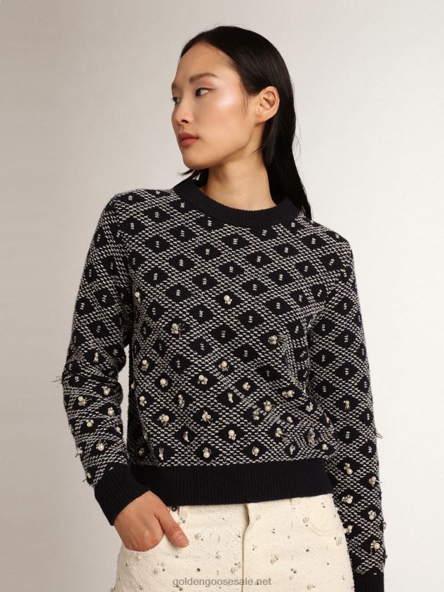 Journey Collection round-neck sweater with a blue and white geometric pattern and the addition of beads FN20N1001 Women Golden Goose