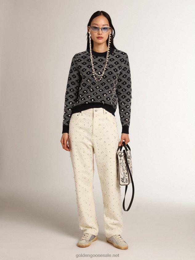 Journey Collection round-neck sweater with a blue and white geometric pattern and the addition of beads FN20N1001 Women Golden Goose