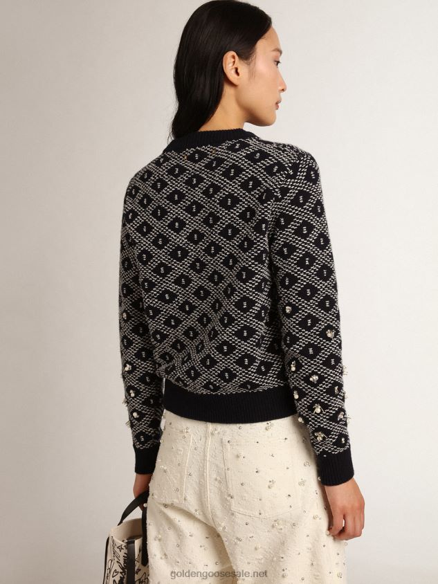 Journey Collection round-neck sweater with a blue and white geometric pattern and the addition of beads FN20N1001 Women Golden Goose
