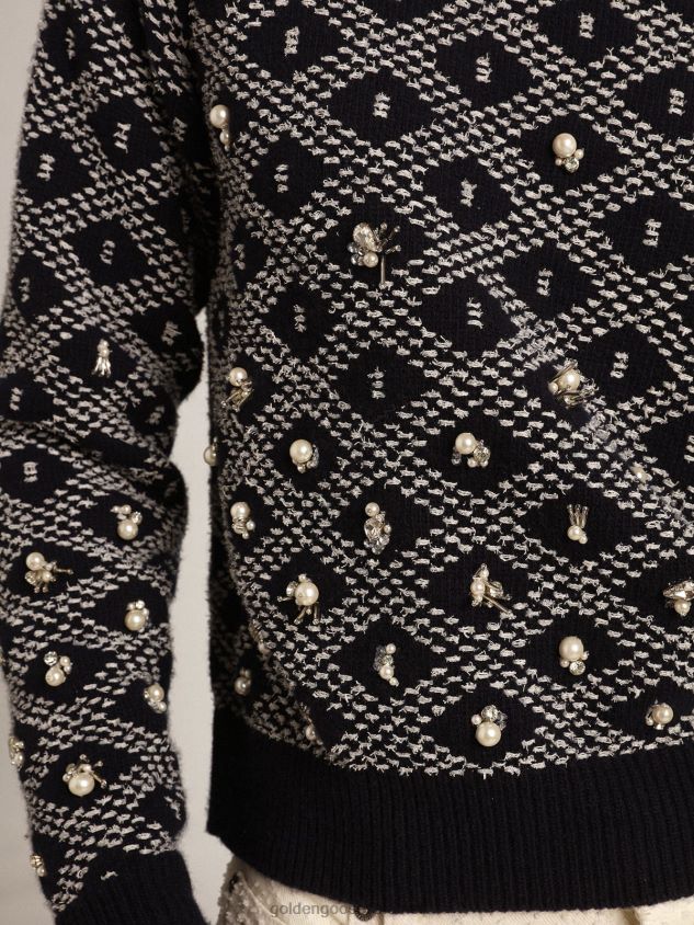 Journey Collection round-neck sweater with a blue and white geometric pattern and the addition of beads FN20N1001 Women Golden Goose