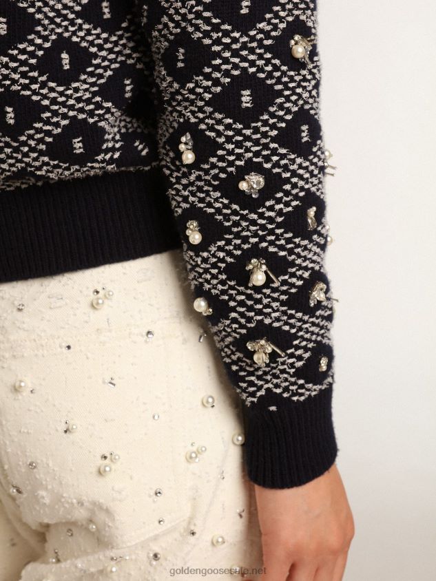 Journey Collection round-neck sweater with a blue and white geometric pattern and the addition of beads FN20N1001 Women Golden Goose