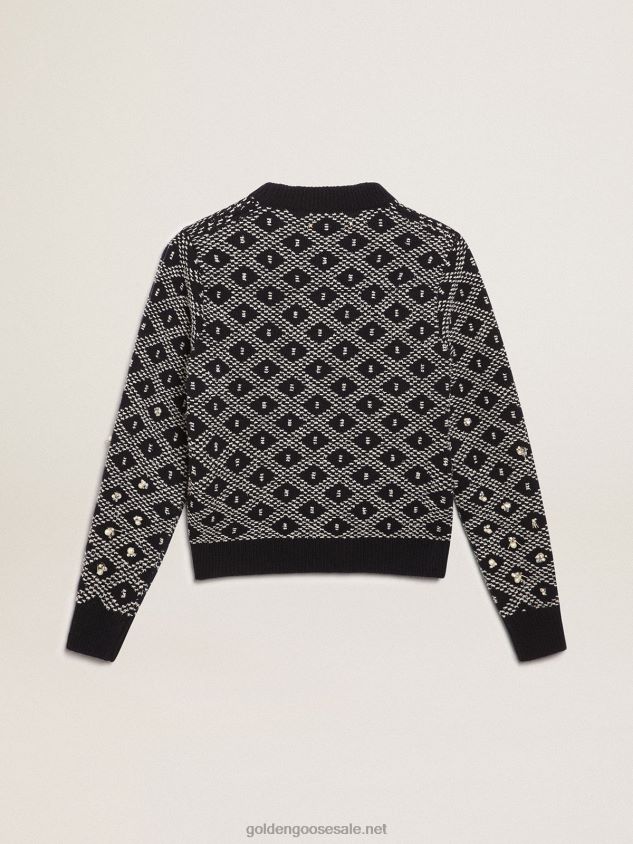 Journey Collection round-neck sweater with a blue and white geometric pattern and the addition of beads FN20N1001 Women Golden Goose