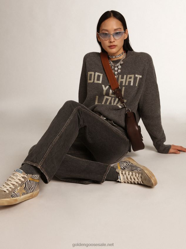Melange-gray Journey Collection round-neck pullover with glitter lettering FN20N999 Women Golden Goose