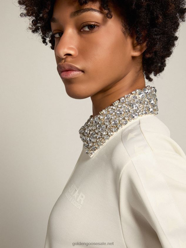 Papyrus white Denise Star Collection zipped sweatshirt with crystal collar FN20N1052 Women Golden Goose