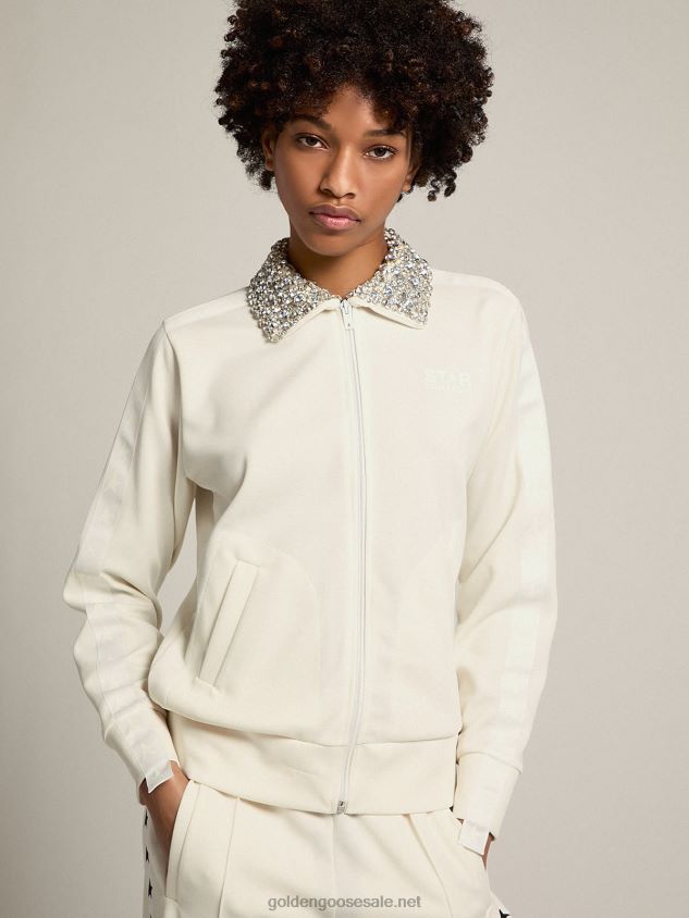 Papyrus white Denise Star Collection zipped sweatshirt with crystal collar FN20N1052 Women Golden Goose