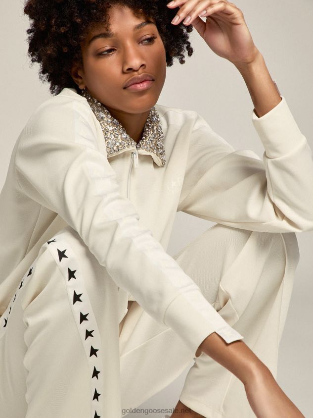 Papyrus white Denise Star Collection zipped sweatshirt with crystal collar FN20N1052 Women Golden Goose