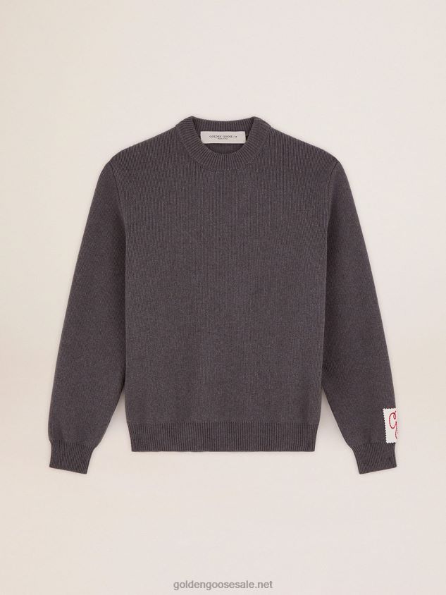 Round-neck sweater in dark gray cotton with logo on the back FN20N930 Women Golden Goose