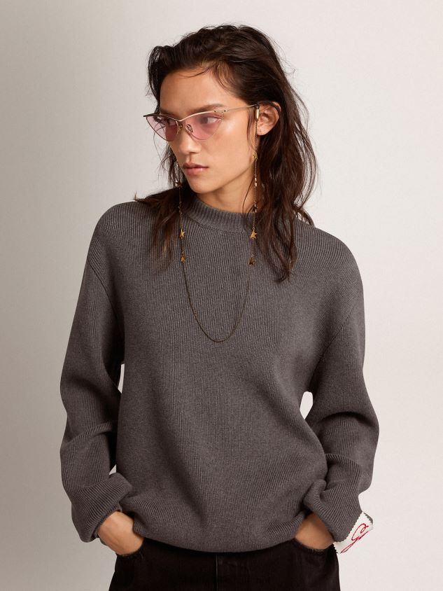 Round-neck sweater in dark gray cotton with logo on the back FN20N930 Women Golden Goose