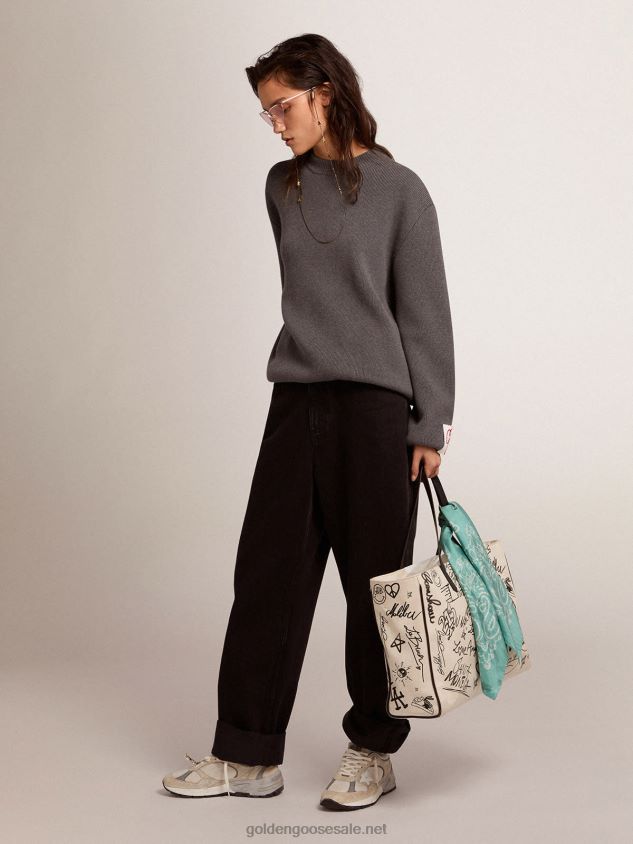 Round-neck sweater in dark gray cotton with logo on the back FN20N930 Women Golden Goose