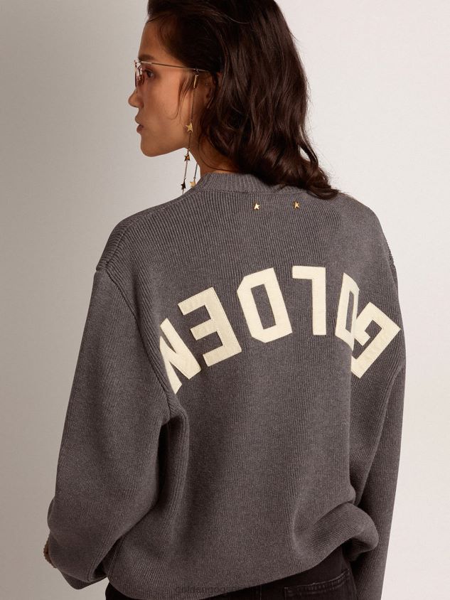 Round-neck sweater in dark gray cotton with logo on the back FN20N930 Women Golden Goose