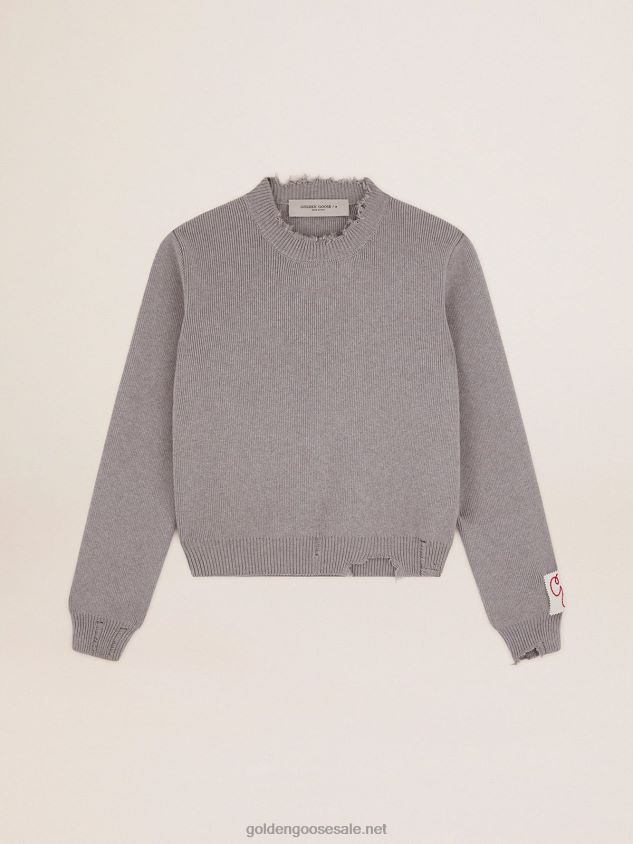 Round-neck sweater in gray cotton with a distressed treatment FN20N928 Women Golden Goose