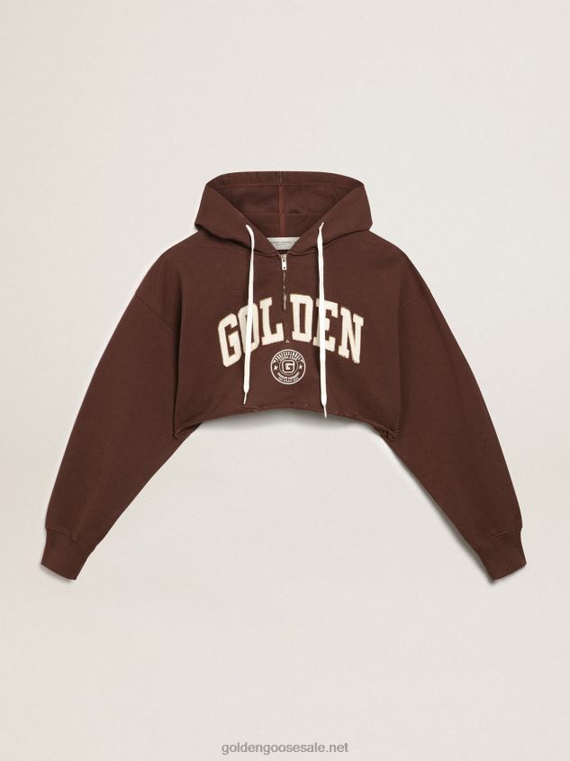 Walnut-brown Journey Collection hooded cropped sweatshirt with contrasting white Golden lettering FN20N989 Women
