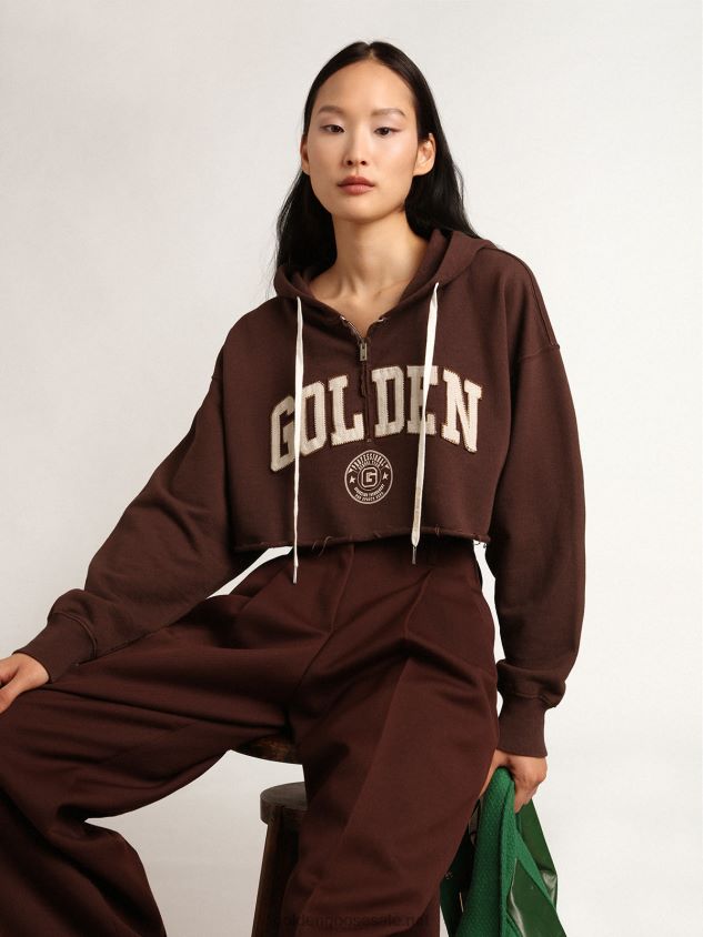 Walnut-brown Journey Collection hooded cropped sweatshirt with contrasting white Golden lettering FN20N989 Women