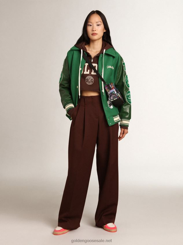 Walnut-brown Journey Collection hooded cropped sweatshirt with contrasting white Golden lettering FN20N989 Women