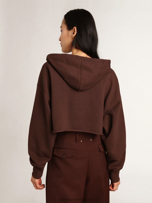 Walnut-brown Journey Collection hooded cropped sweatshirt with contrasting white Golden lettering FN20N989 Women