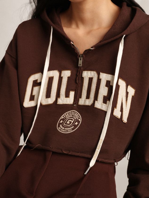Walnut-brown Journey Collection hooded cropped sweatshirt with contrasting white Golden lettering FN20N989 Women