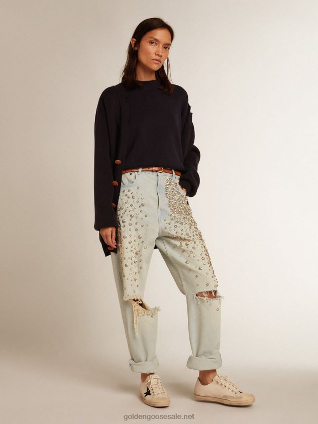 cardigan in distressed dark blue cotton FN20N921 Women Golden Goose