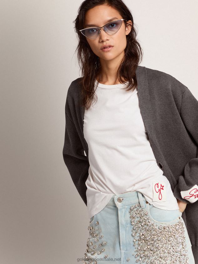 cardigan in gray melange cotton with logo on the back FN20N970 Women Golden Goose