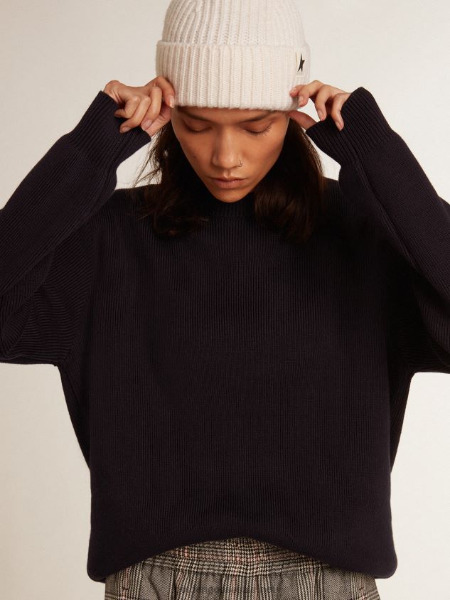 round-neck sweater in dark blue cotton with logo on the back FN20N1056 Women Golden Goose