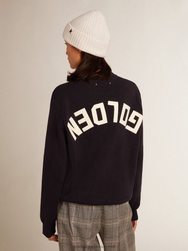 round-neck sweater in dark blue cotton with logo on the back FN20N1056 Women Golden Goose