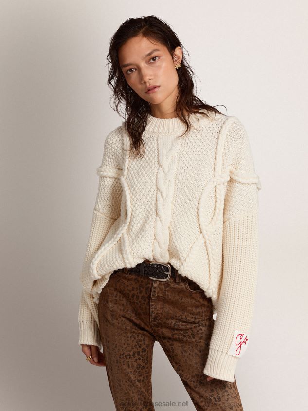 round-neck sweater in wool with braided motif FN20N1029 Women Golden Goose