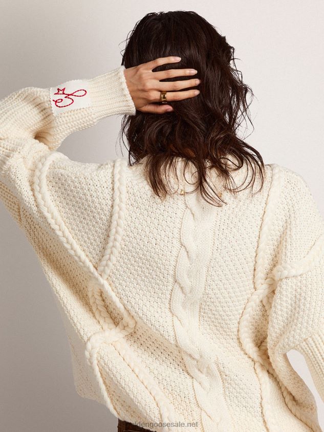 round-neck sweater in wool with braided motif FN20N1029 Women Golden Goose