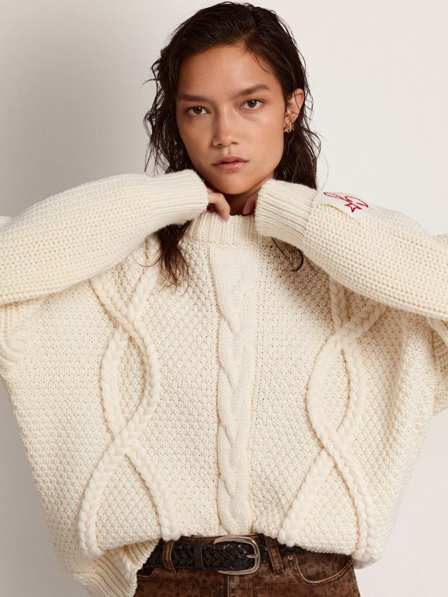 round-neck sweater in wool with braided motif FN20N1029 Women Golden Goose