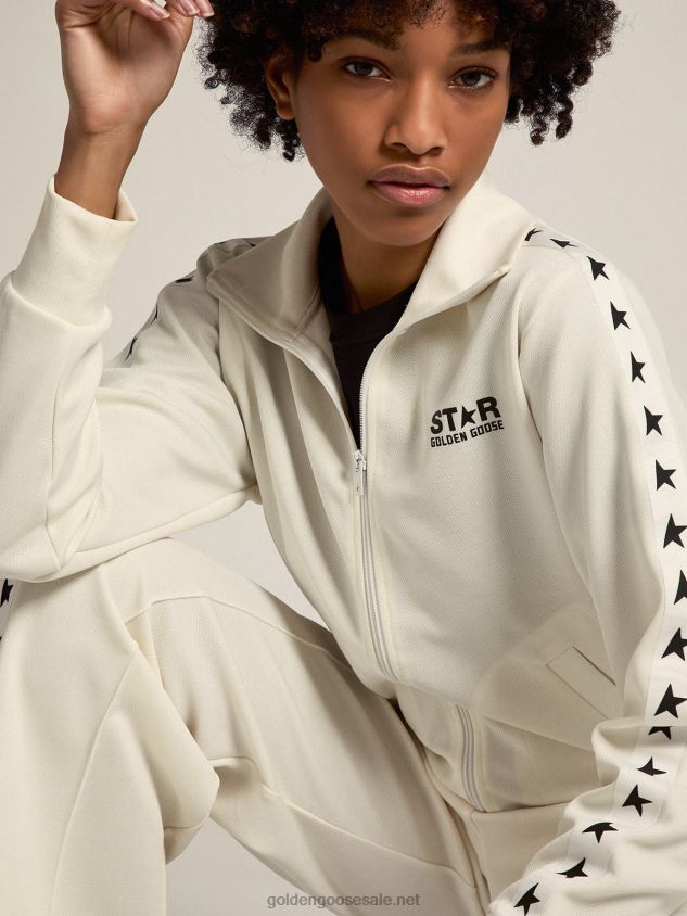 white zipped sweatshirt with white strip and black stars FN20N935 Women Golden Goose