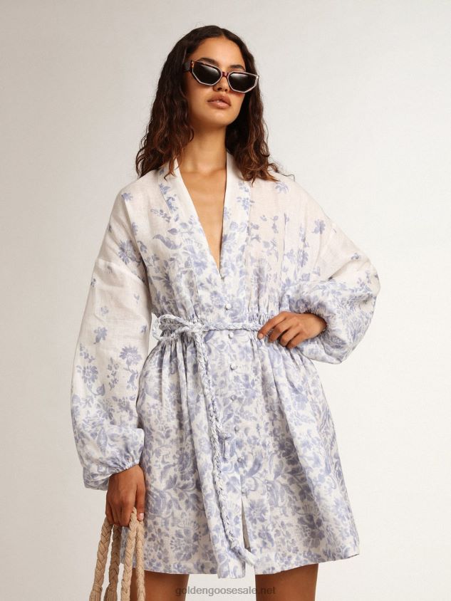 Resort Collection Mini Dress in linen with Mediterranean blue print FN20N1009 Women Golden Goose