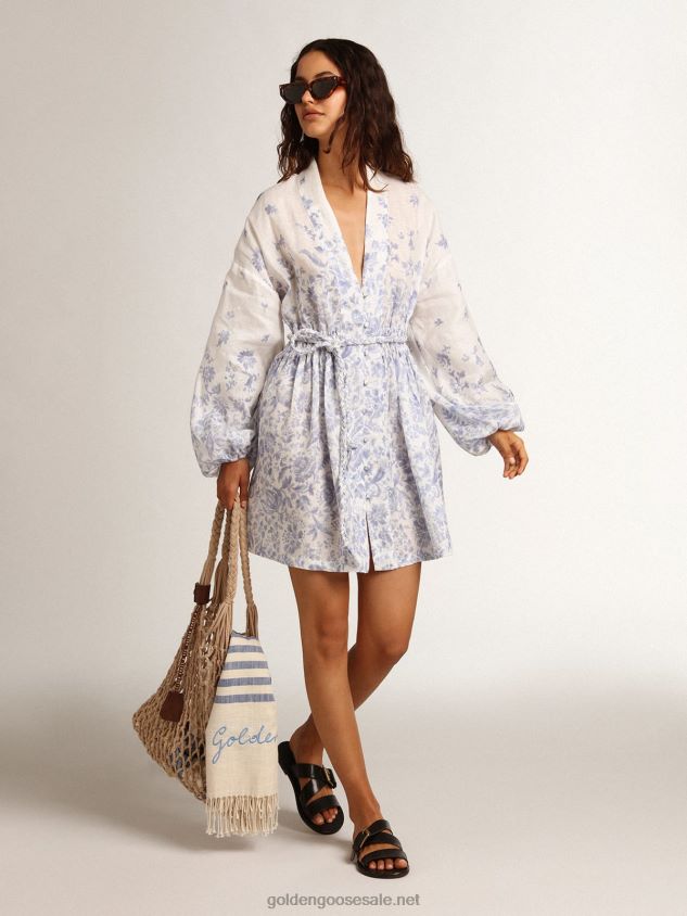 Resort Collection Mini Dress in linen with Mediterranean blue print FN20N1009 Women Golden Goose